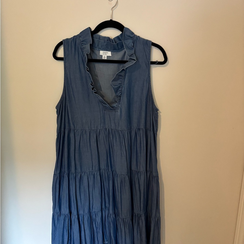 crown & ivy Chambray Ruffle V-Neck Tiered Sleeveless Dress - Blue